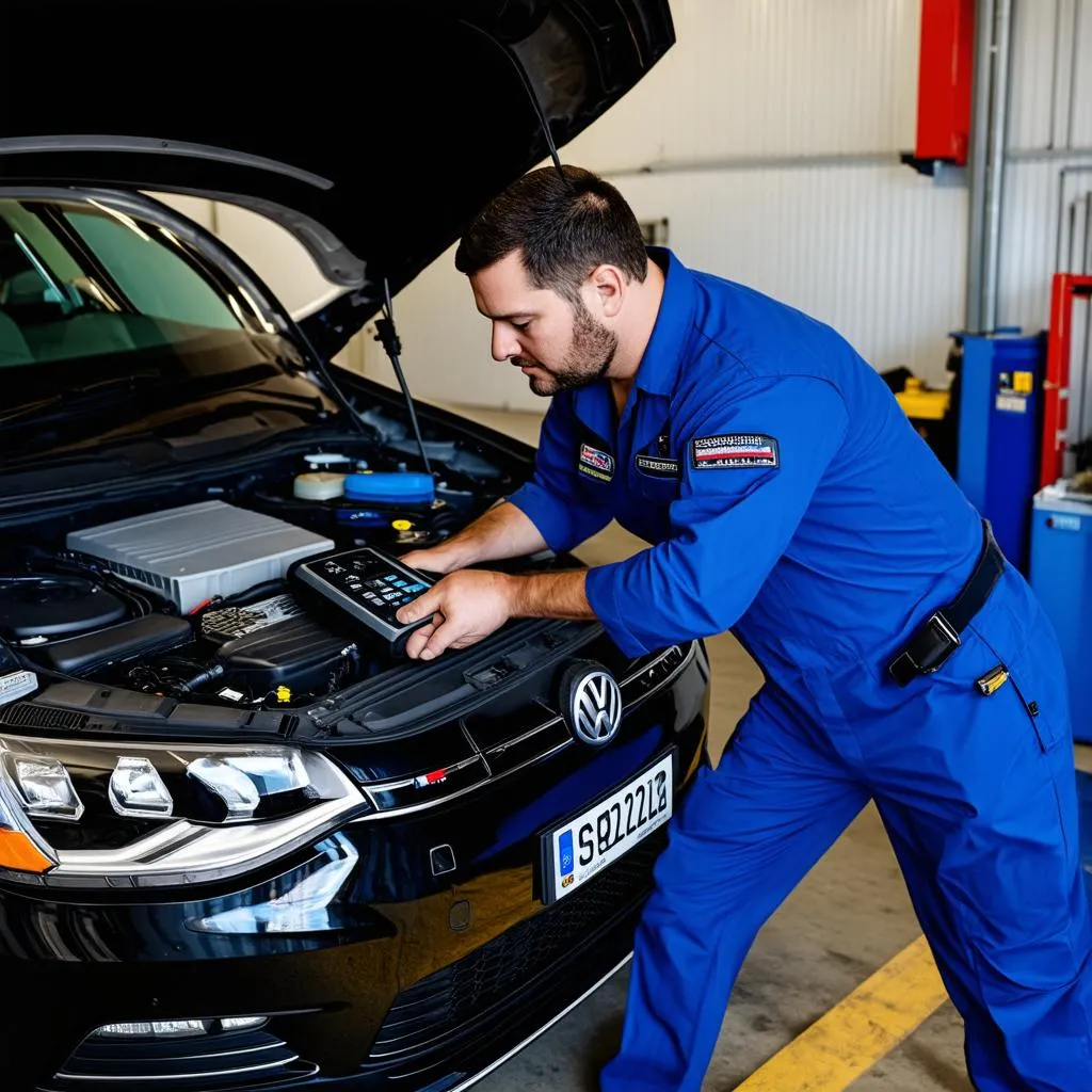 Mechanic using professional diagnostic tool on a VW Jetta MK5