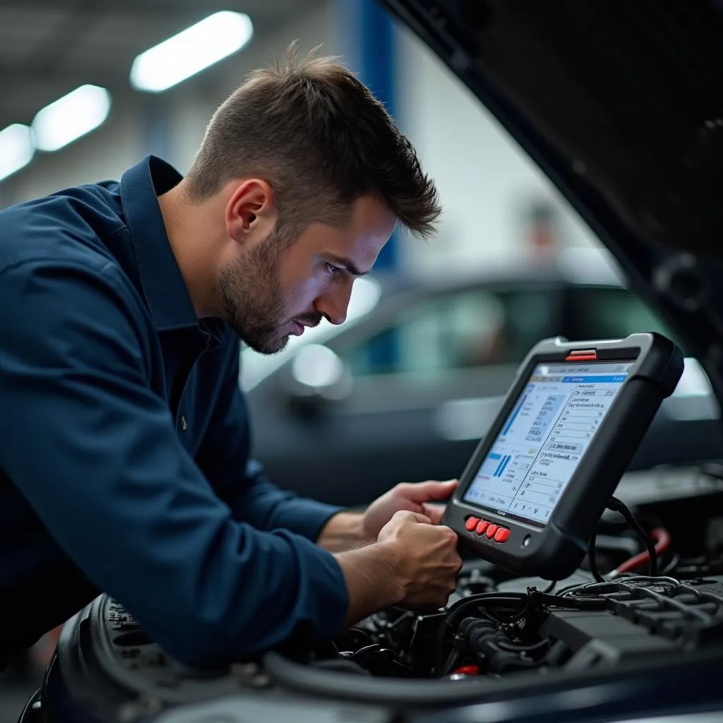 Mechanic using professional-grade scan tool on a vehicle