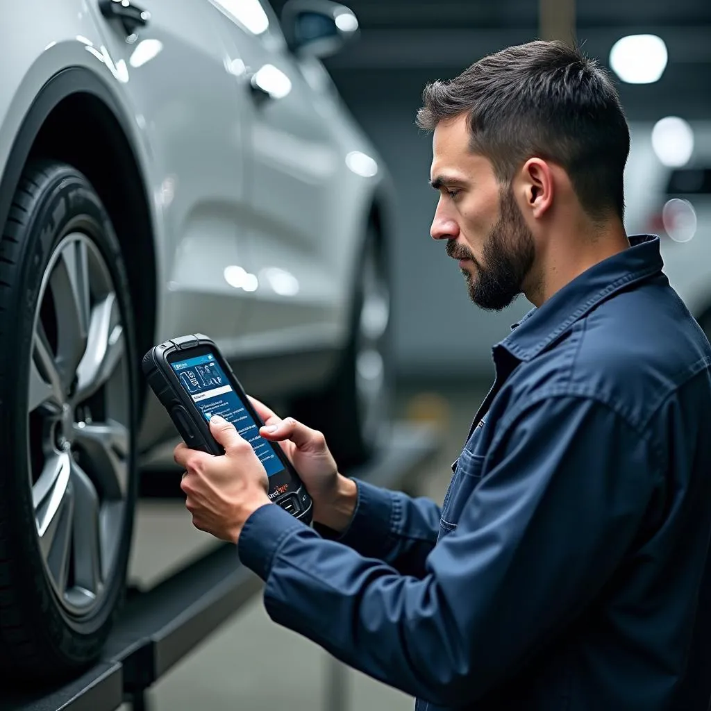 Mechanic using a professional scan tool on a car