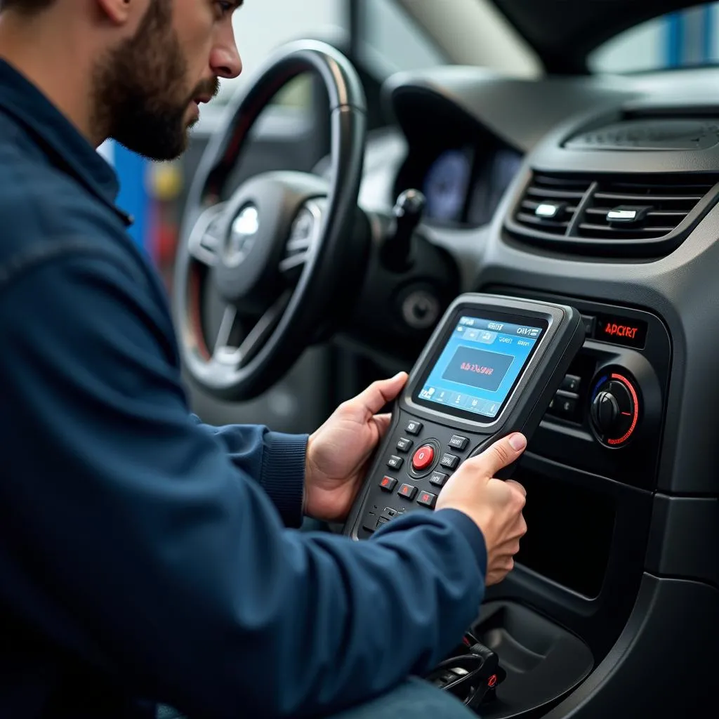 Mechanic using a professional-grade auto scan tool on a vehicle