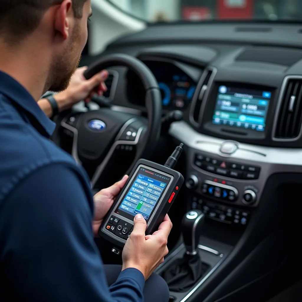 Mechanic using a professional scan tool on a Ford Edge