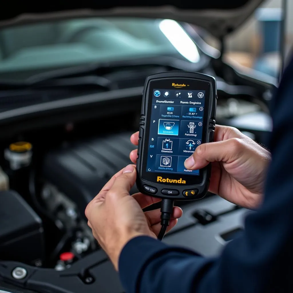 Mechanic using Rotunda scan tool on an engine