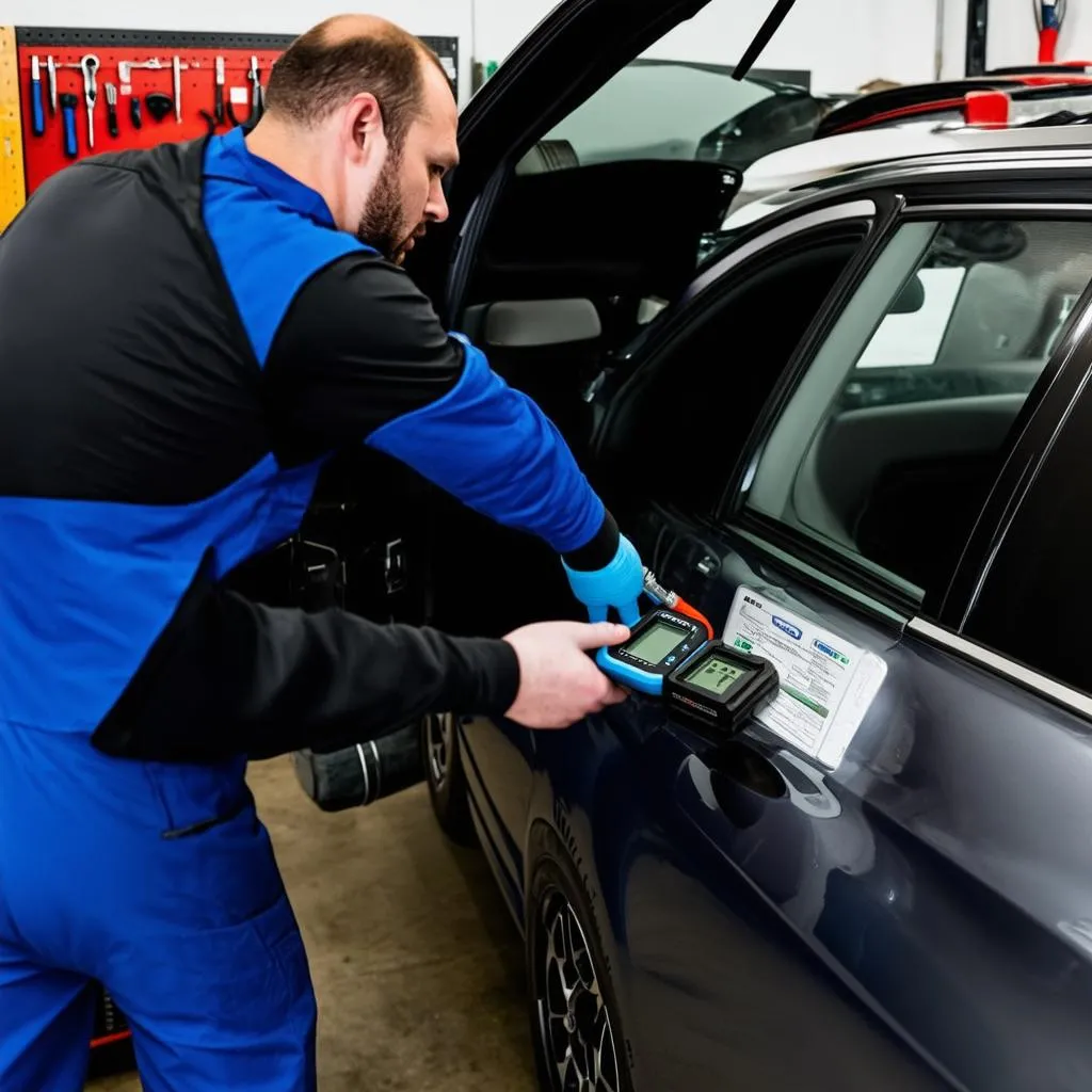 Mechanic using scan tool to diagnose car problems