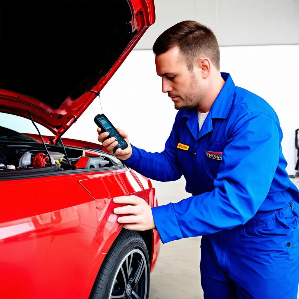 Mechanic using a scan tool to diagnose a car problem