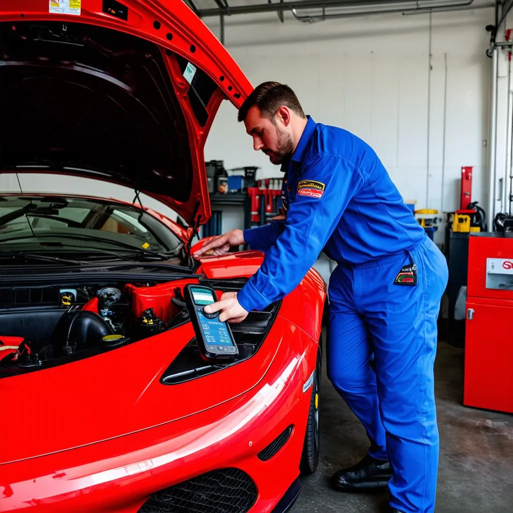 Mechanic Using Scan Tool on European Car