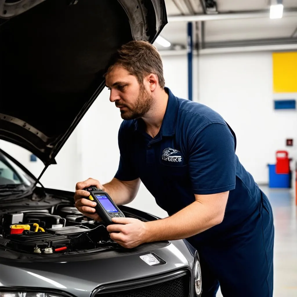 Mechanic diagnosing a car with a scan tool