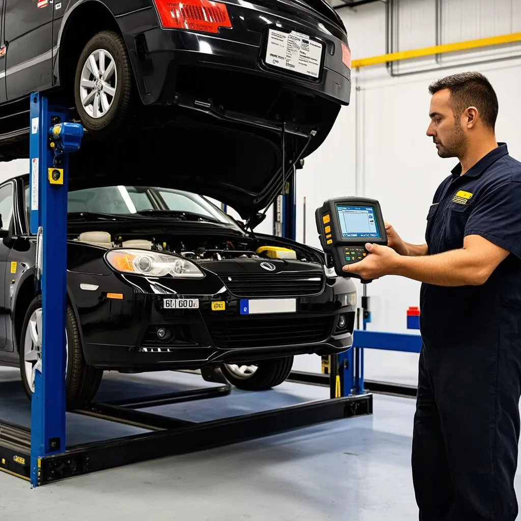 Mechanic using a scan tool on a car