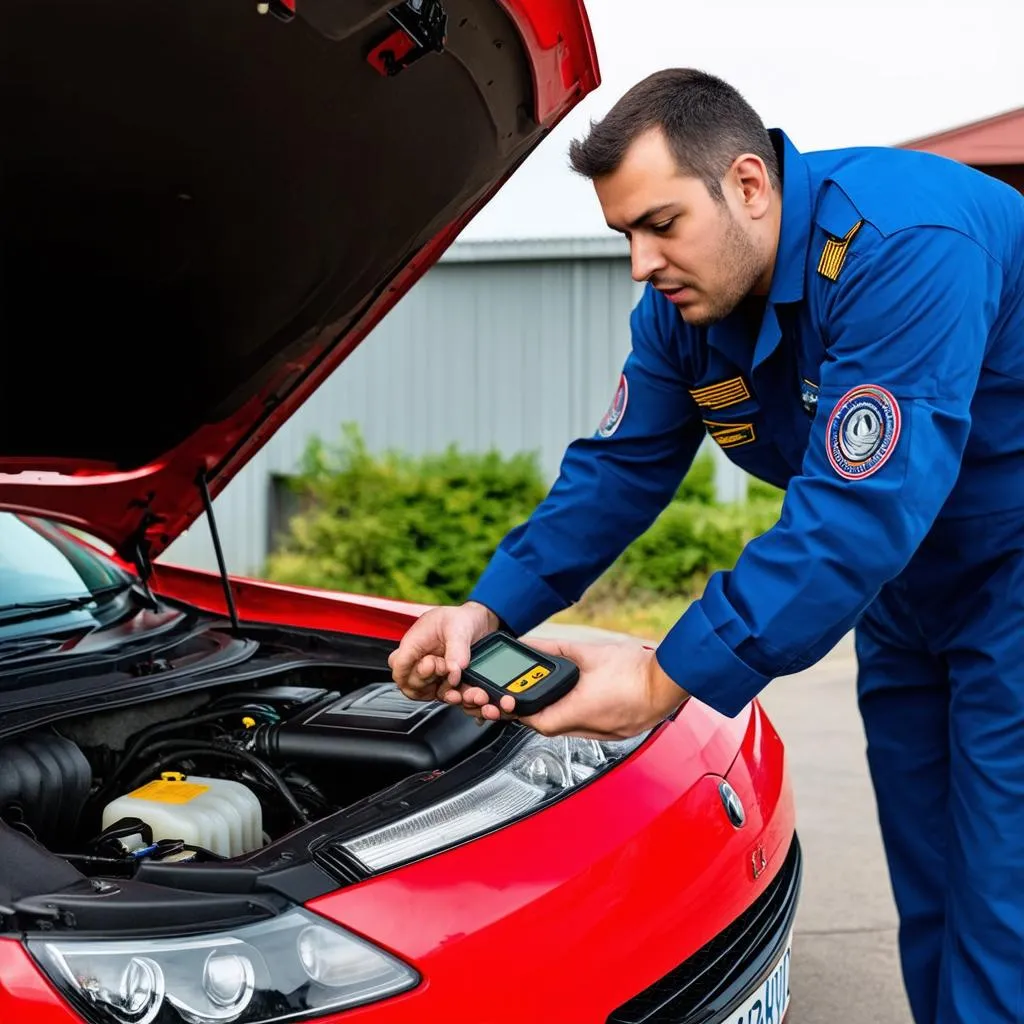 Mechanic using a scan tool to diagnose a car