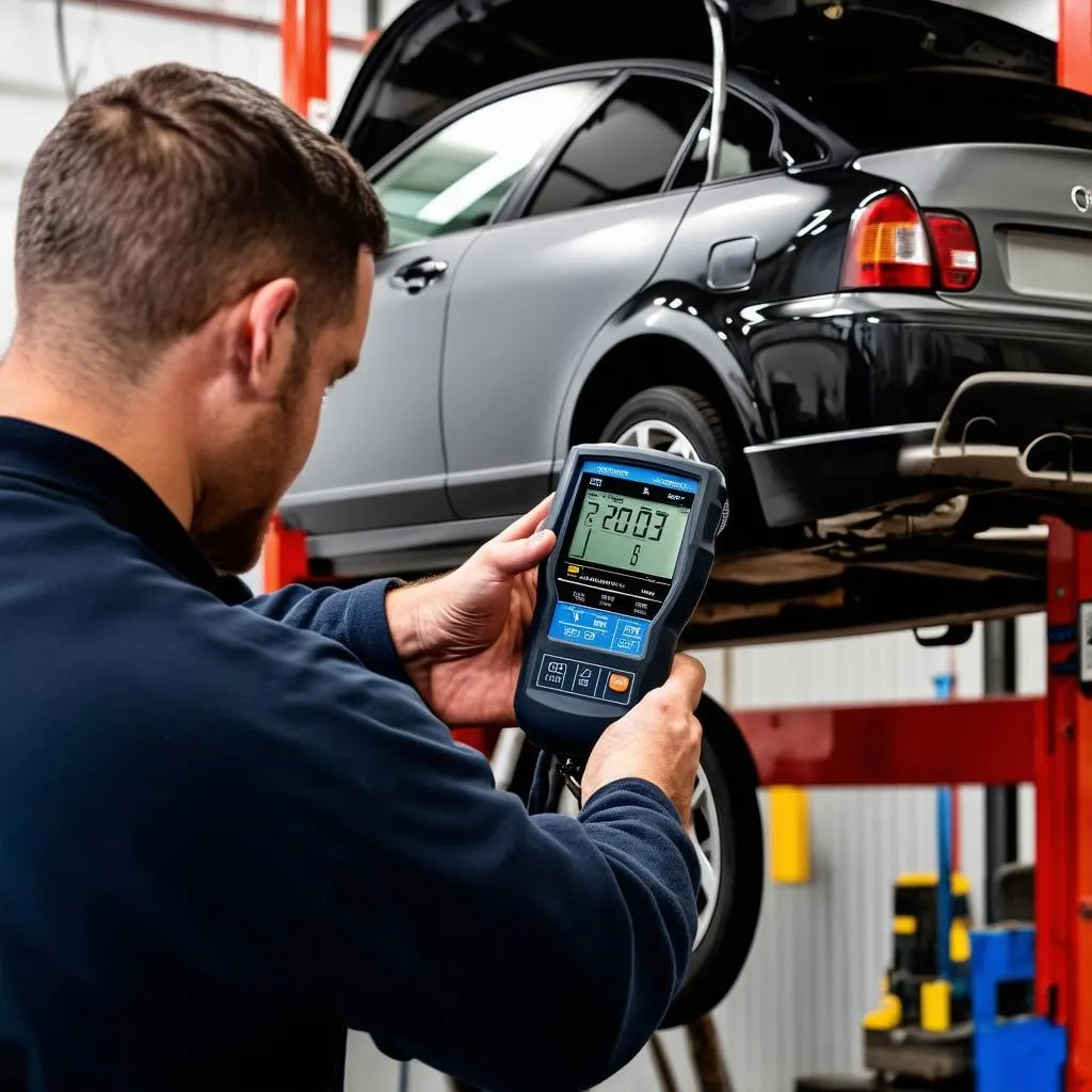 Mechanic using a diagnostic tool on a car