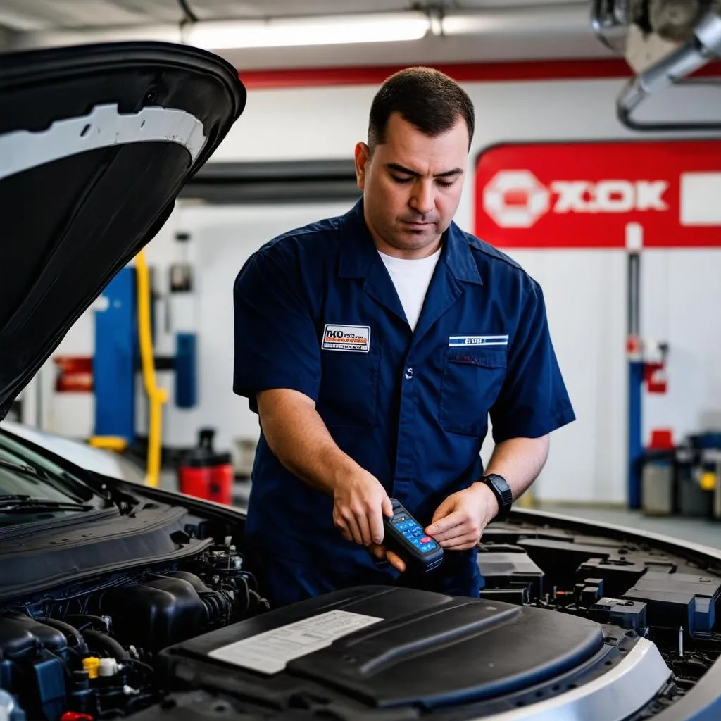 Mechanic diagnosing a car with a scan tool