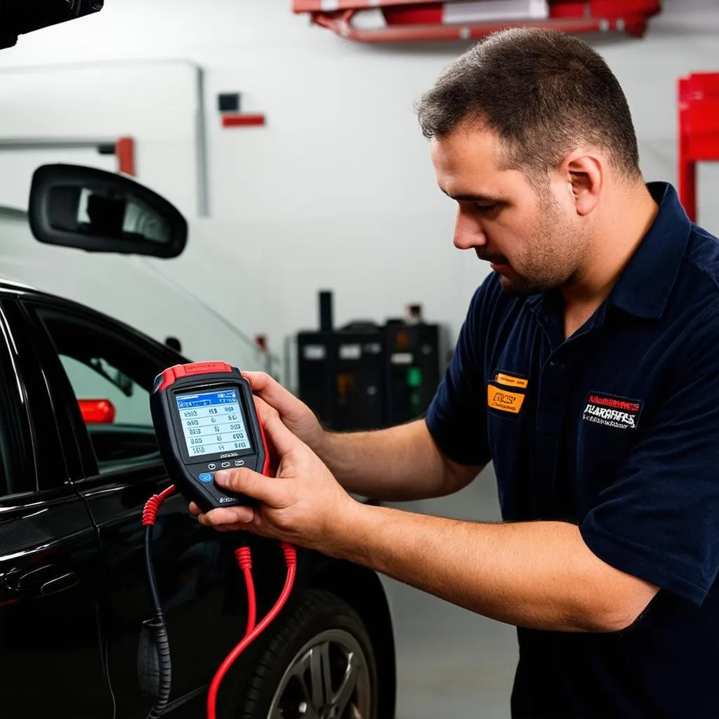 Mechanic Using a Scan Tool with a Communication Interface