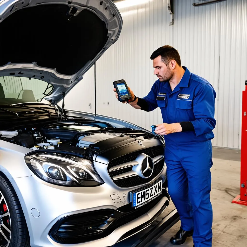 Mechanic diagnosing car with scan tool