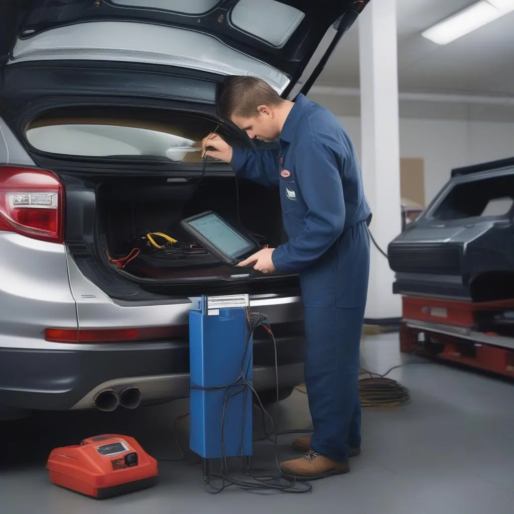 Mechanic using a scan tool to diagnose a Ford car