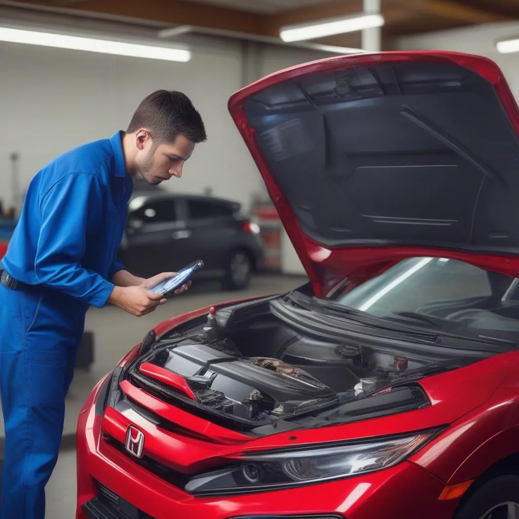 Mechanic using a scan tool on a Honda Civic