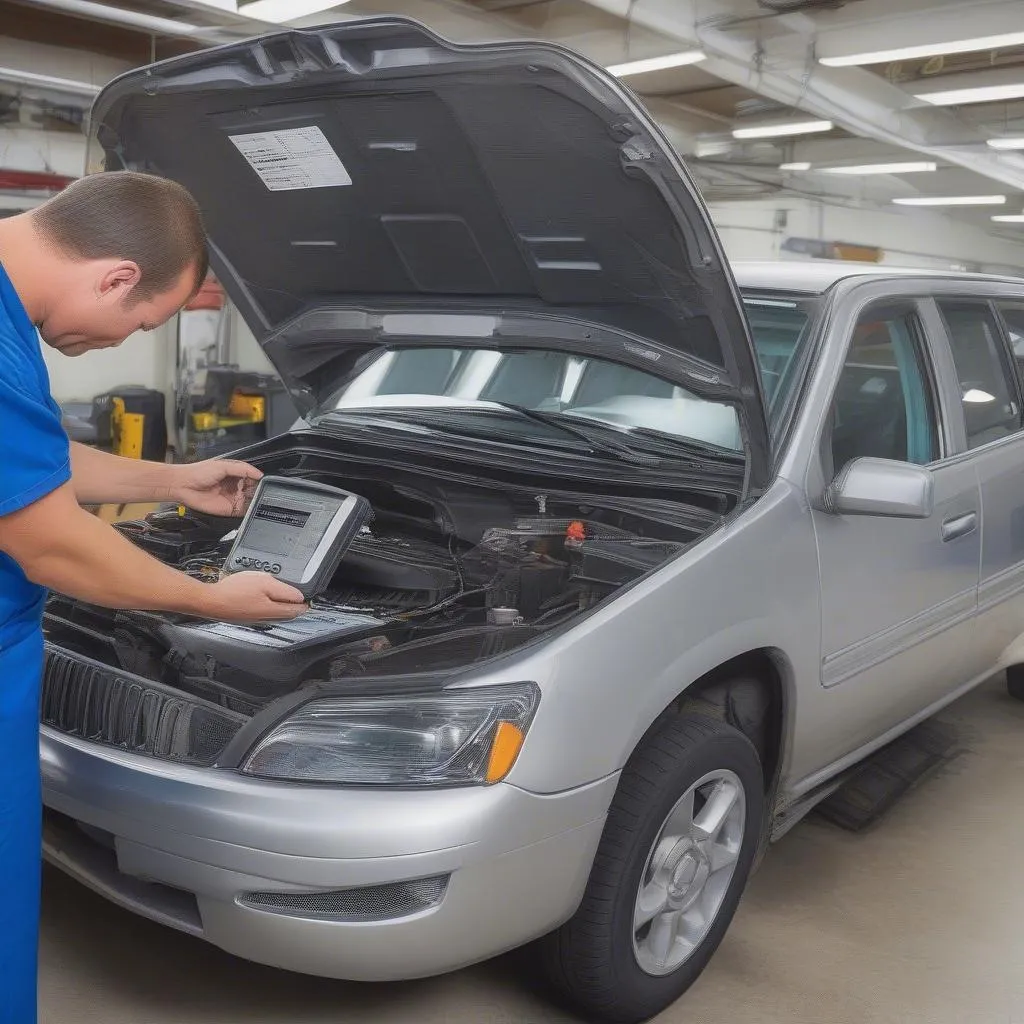 Mechanic plugging in a scan tool to a vehicle