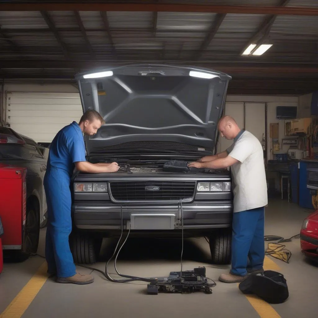 Mechanic using a scan tool on a car