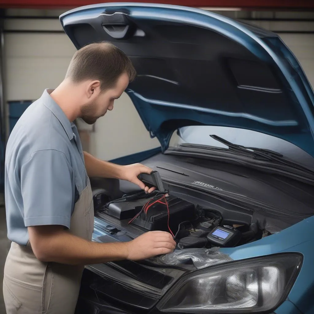 Mechanic using a scan tool to diagnose a car's engine