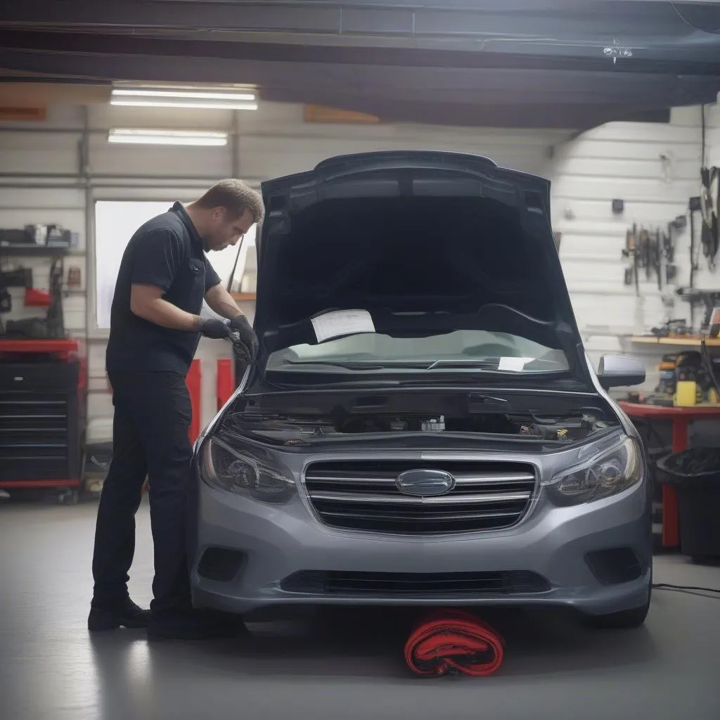 Mechanic using a scan tool to diagnose a car engine problem