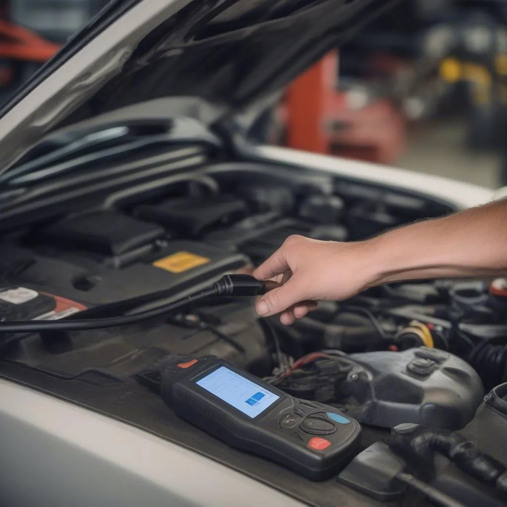 Mechanic using a scan tool on a car