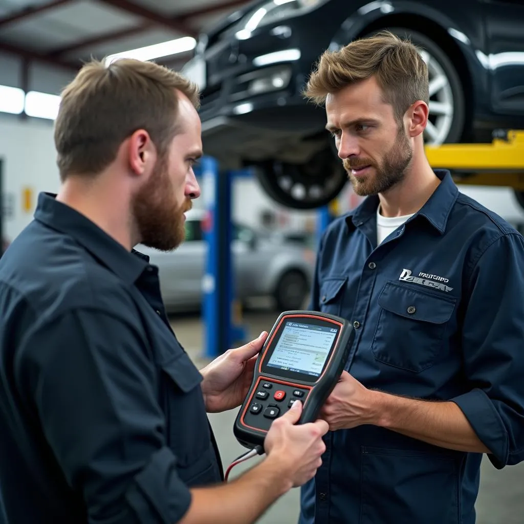 Mechanic using a scan tool to diagnose a car