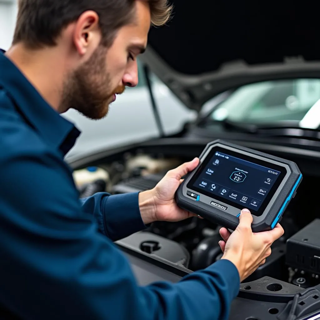 Mechanic Using Scan Tool on a Car