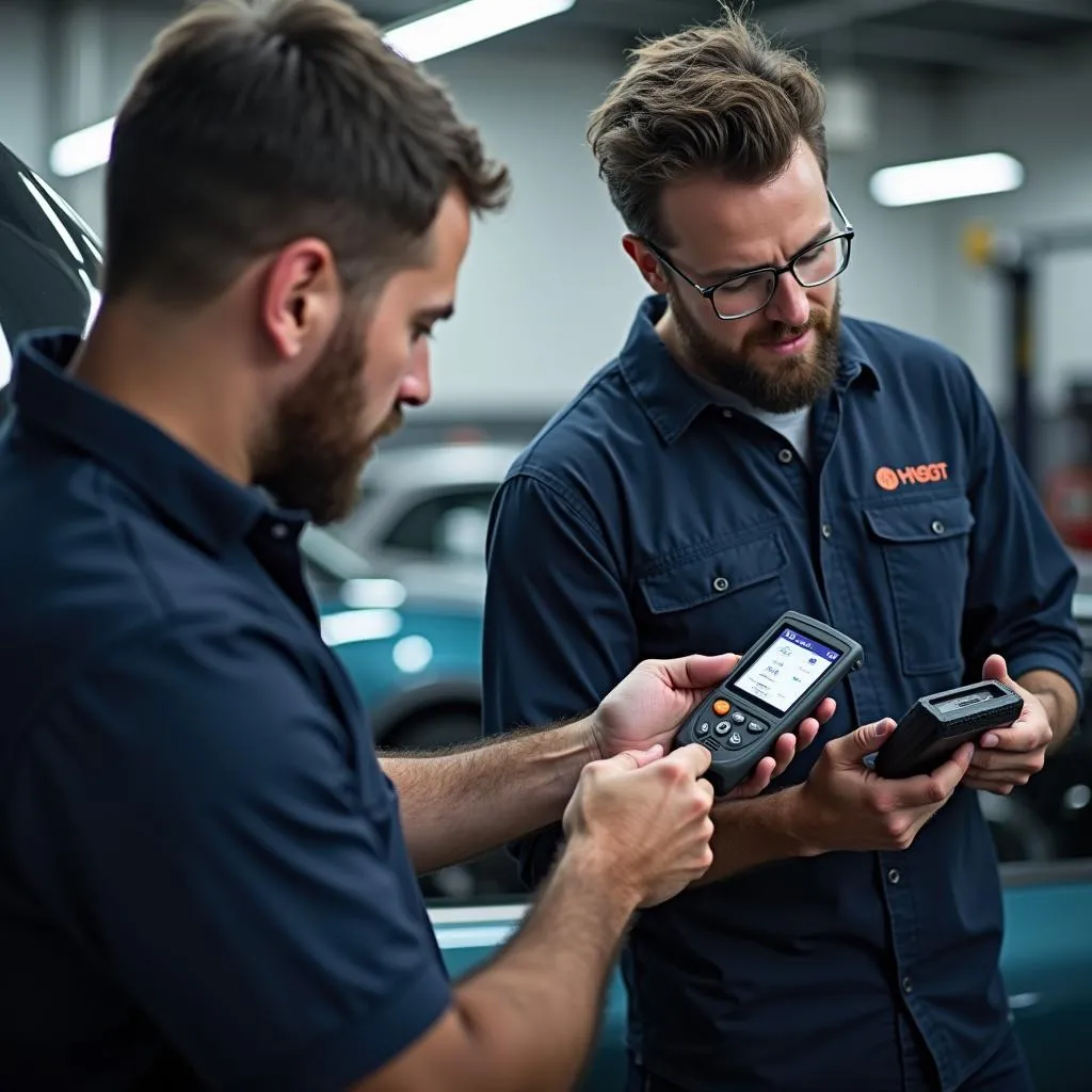 Mechanic Using Scan Tool on Car