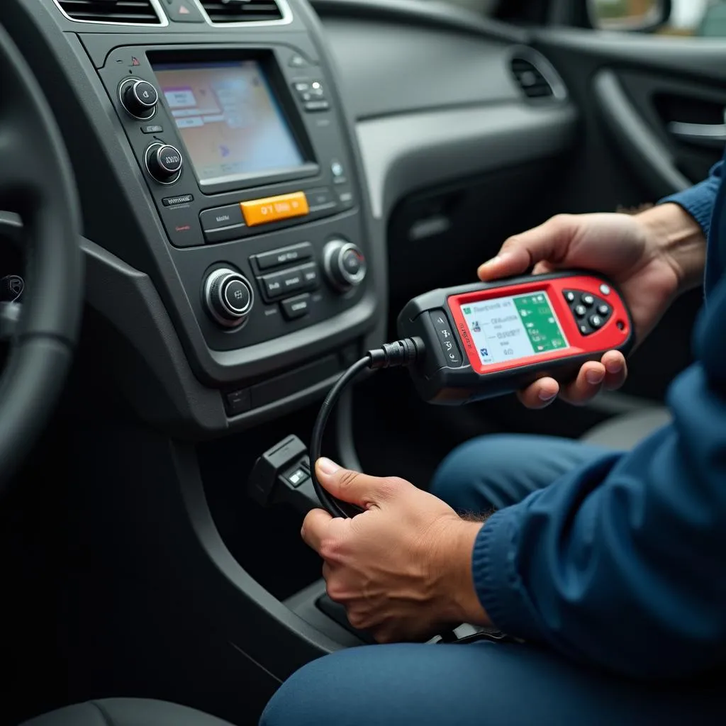 A mechanic connects a scan tool to a car's OBD-II port to diagnose a starting issue.