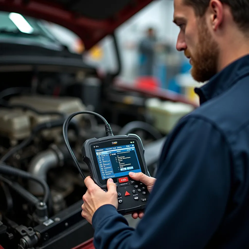 A mechanic in a repair shop uses a professional-grade scan tool to diagnose a 1996 7.3 Powerstroke engine.