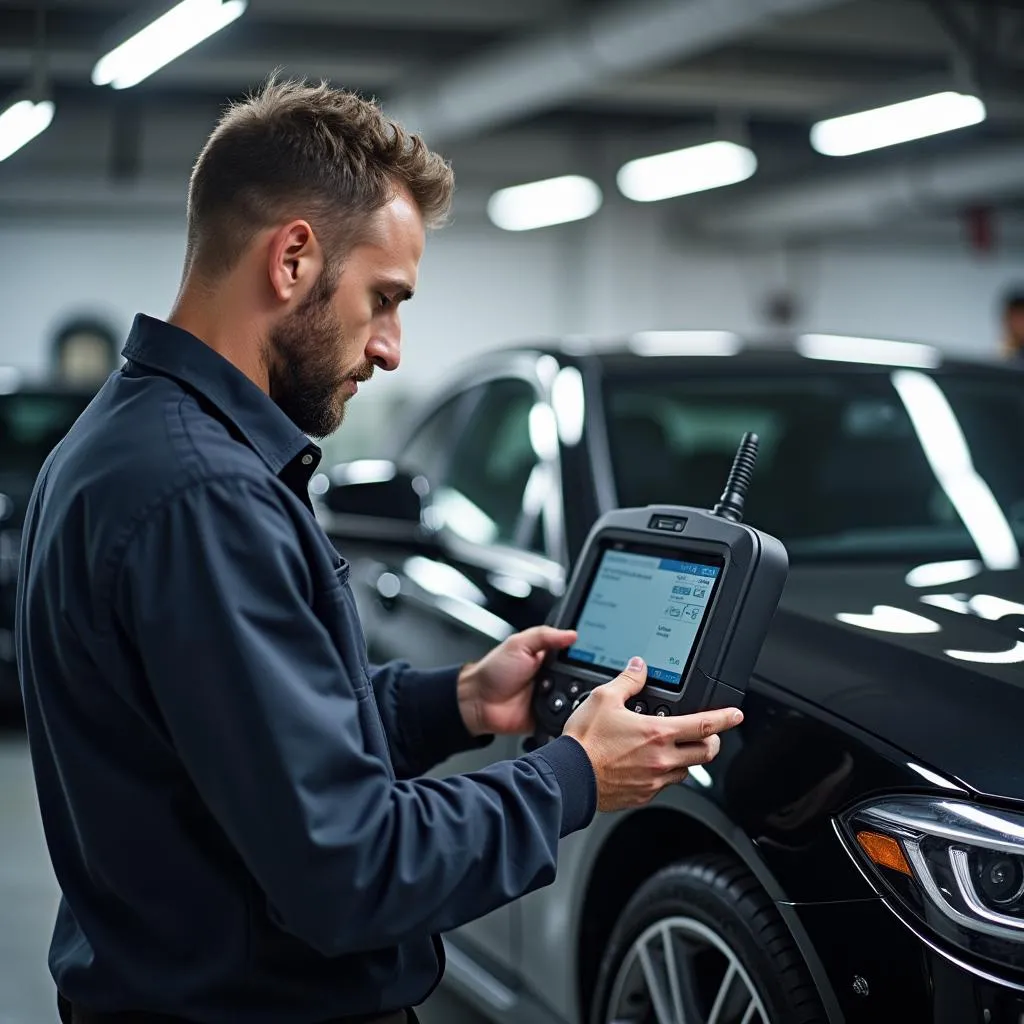 Mechanic using scan tool on European car