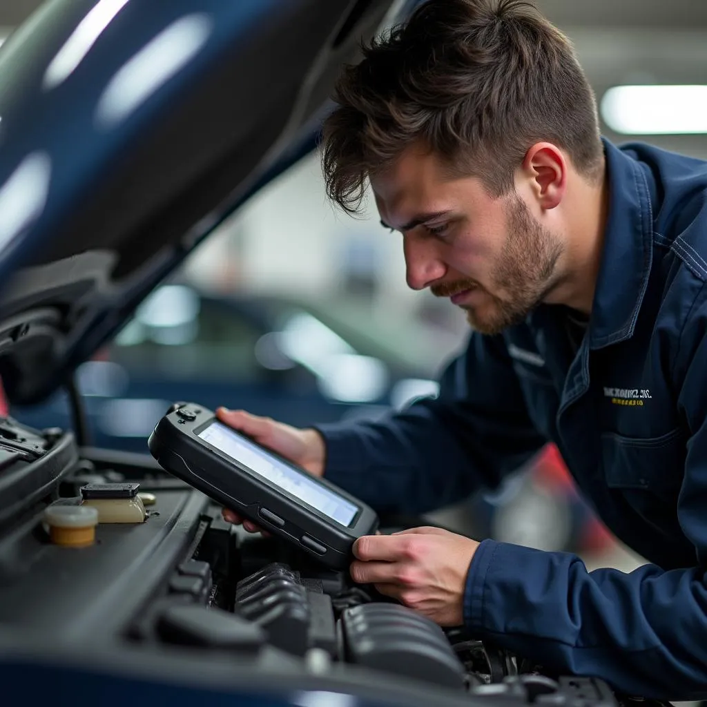 Mechanic using a scan tool for ECU coding