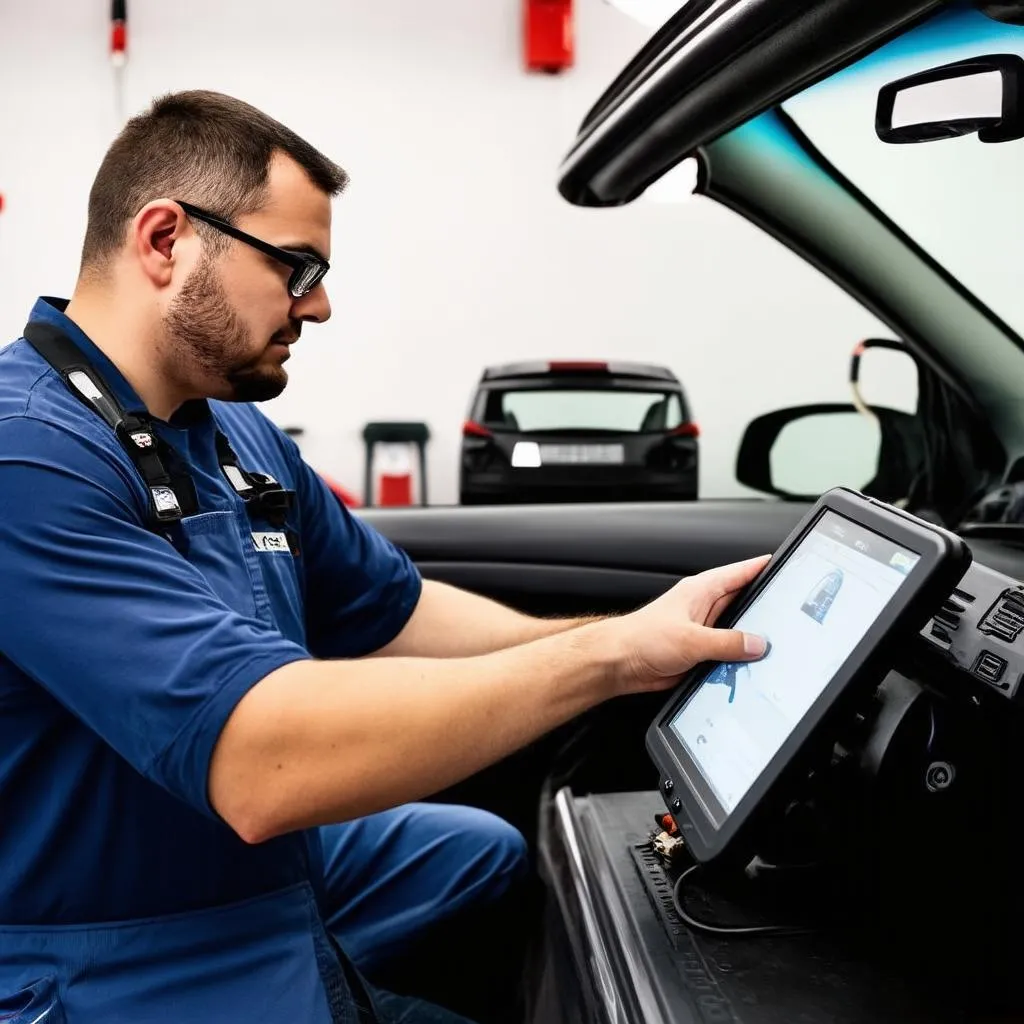 Mechanic using a scan tool in a garage.