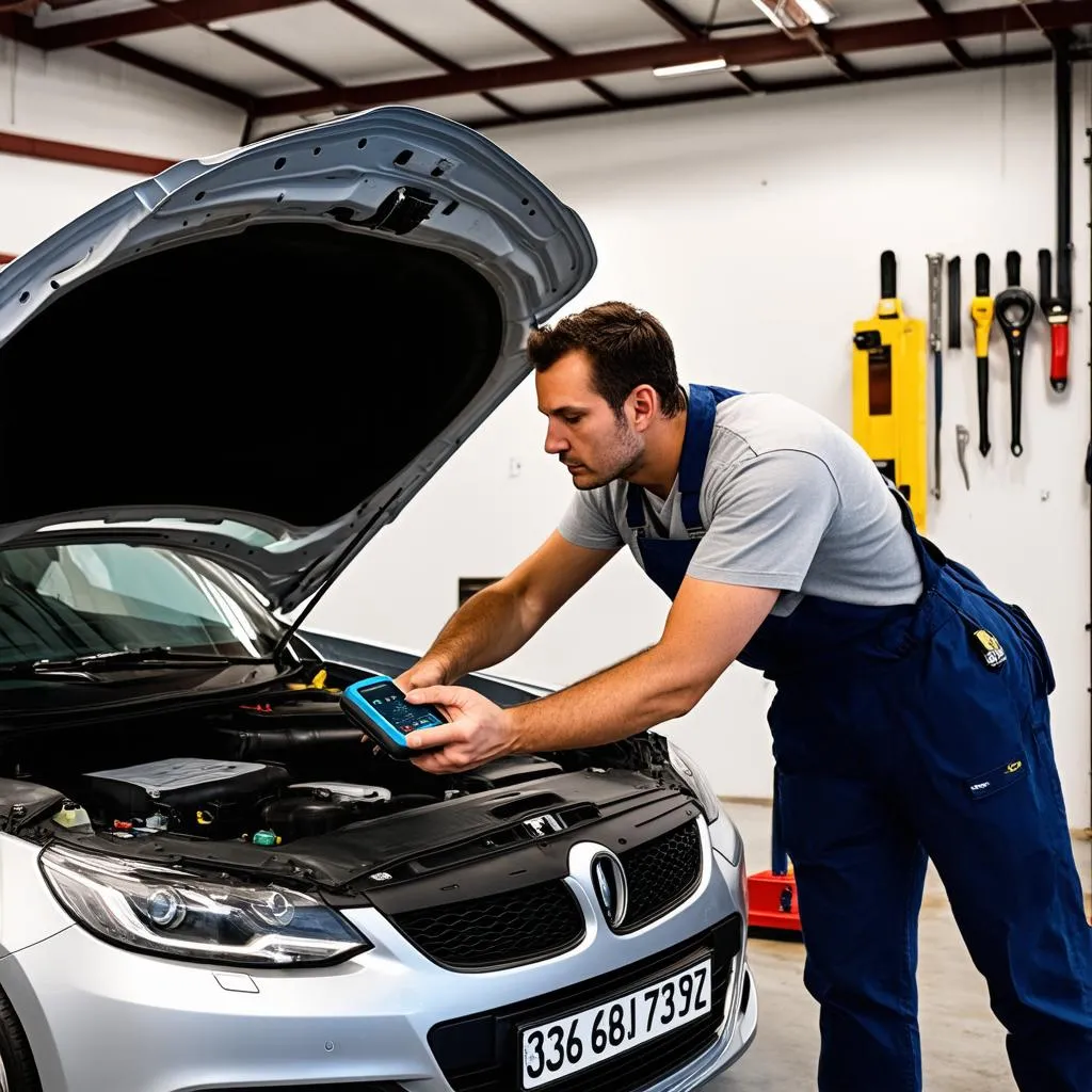 Mechanic analyzing data on a scan tool in a garage