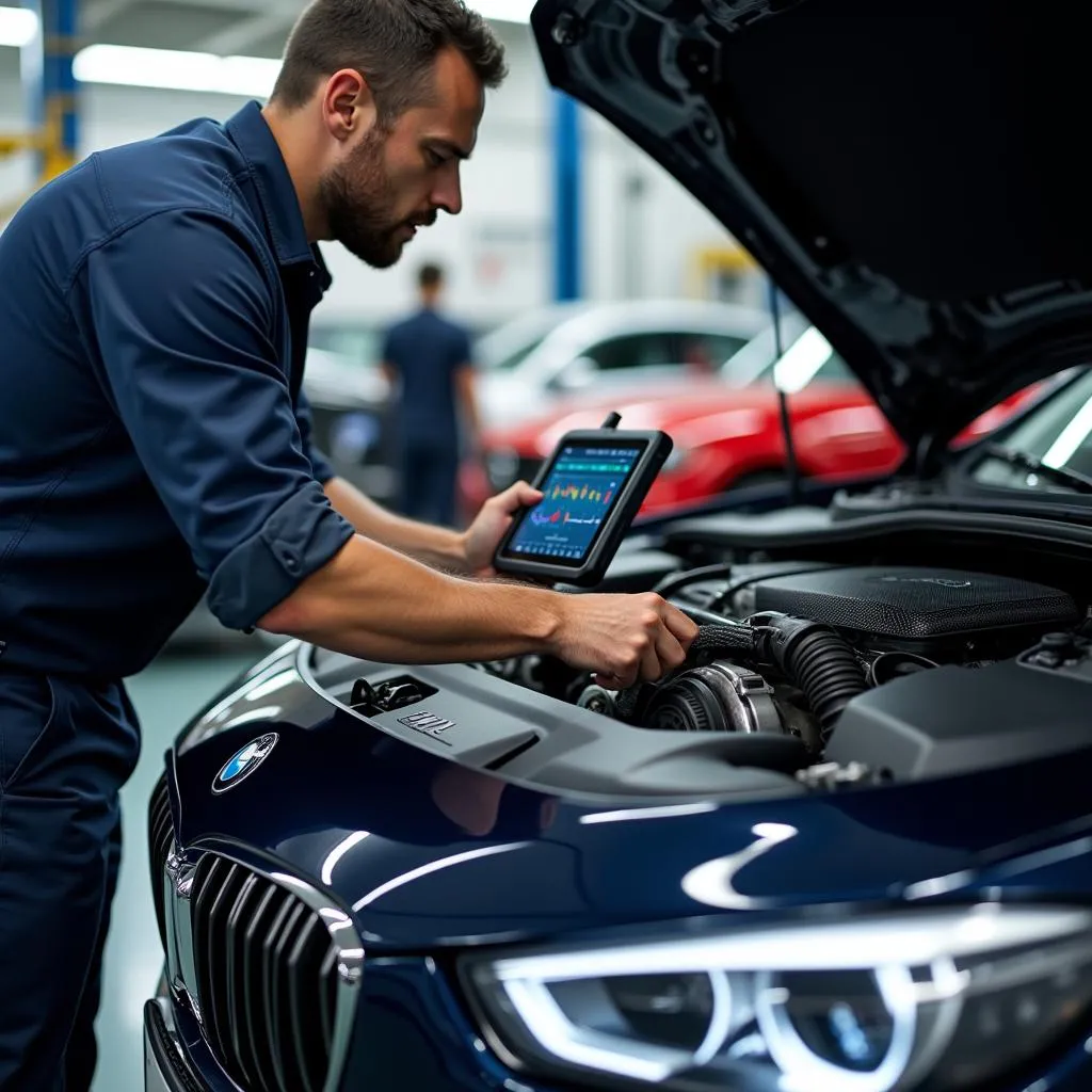 Mechanic using a scan tool with live data on a European car.