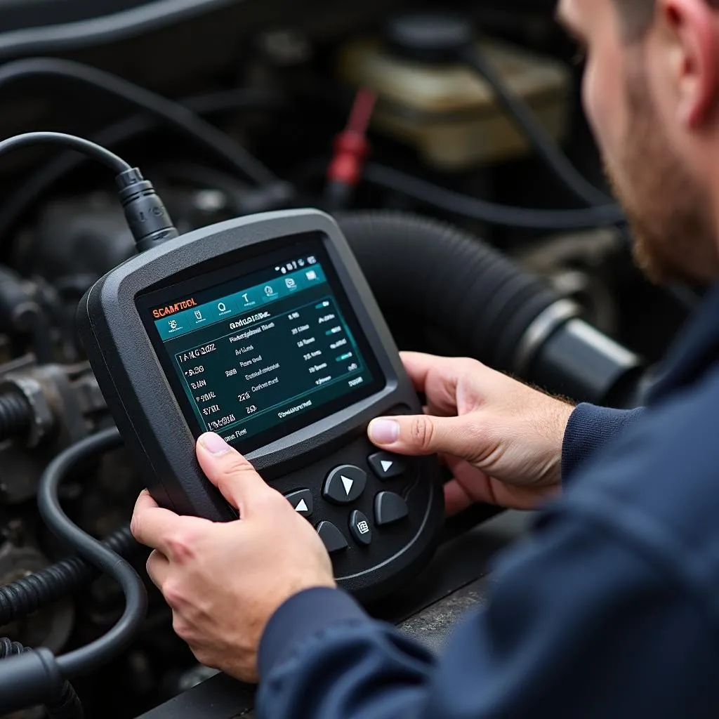 Mechanic using a scan tool on a 7.3L Powerstroke engine