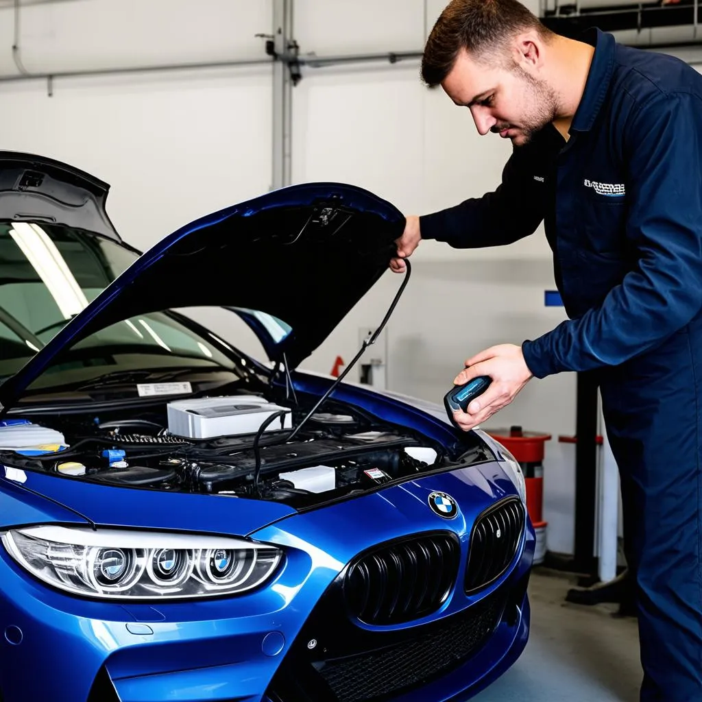 Mechanic Using Scan Tool on BMW