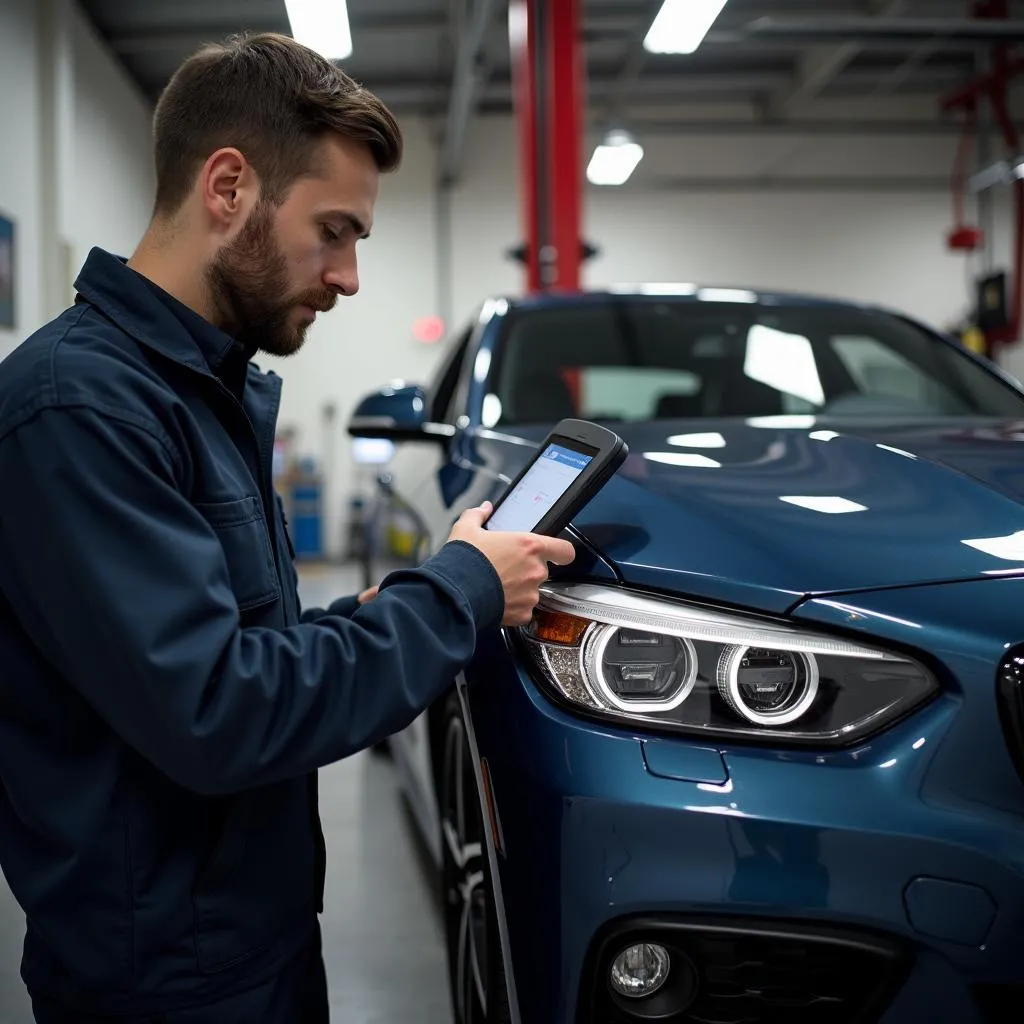 Mechanic diagnosing car problems with a scan tool