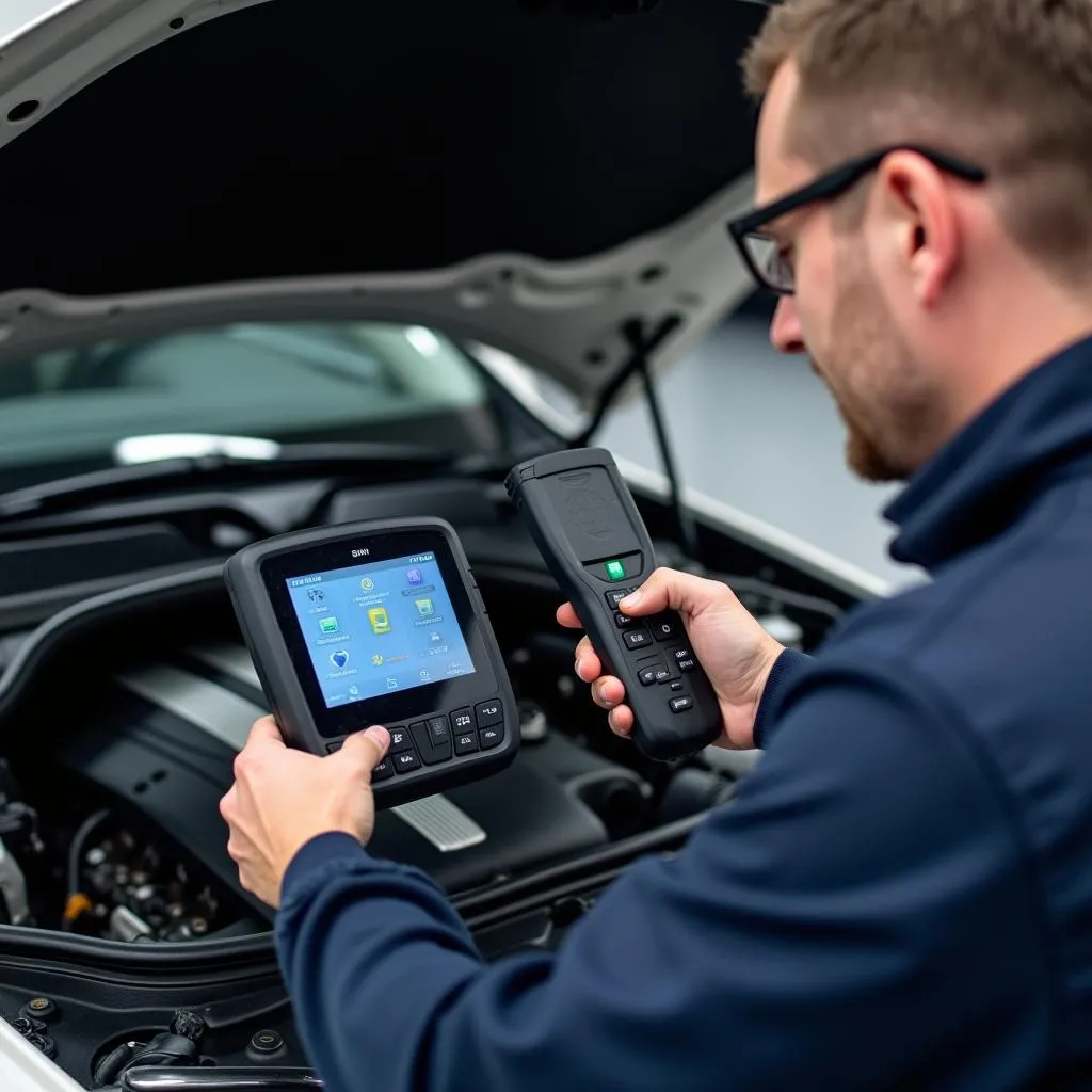 Mechanic using scan tool on a BMW