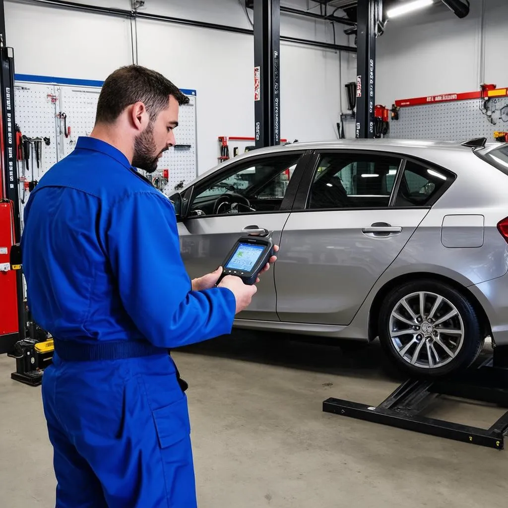 A mechanic uses a scan tool to diagnose a car problem. The car is on a lift.