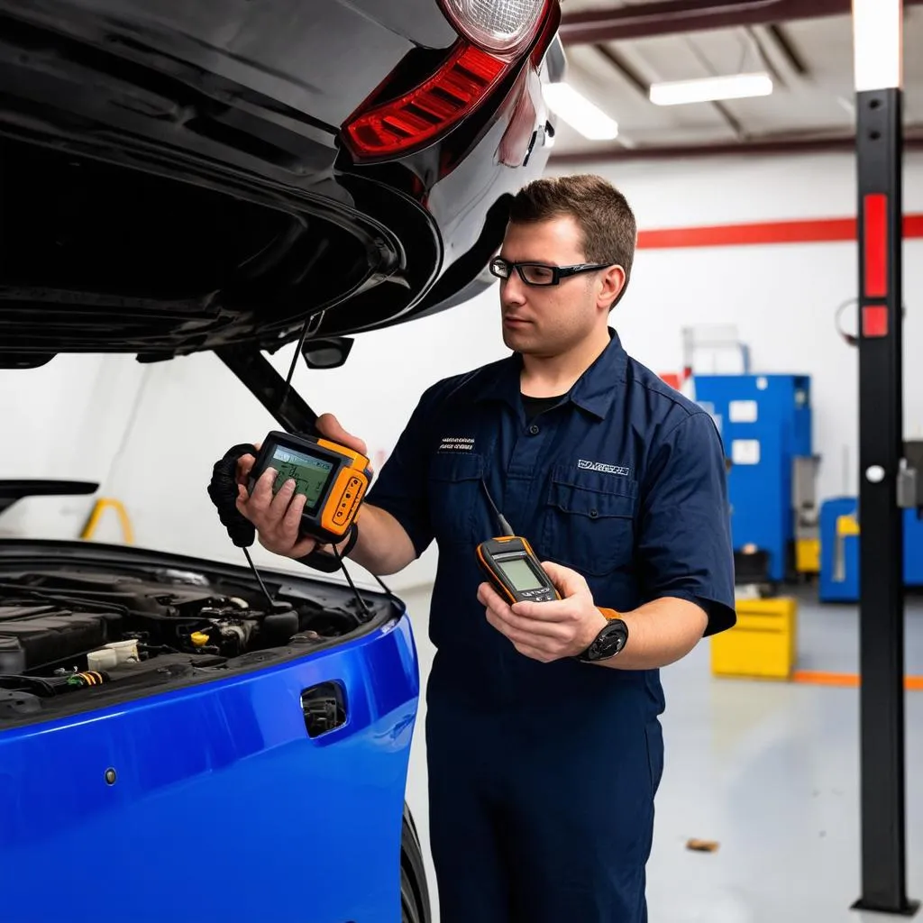 mechanic using scan tool on car