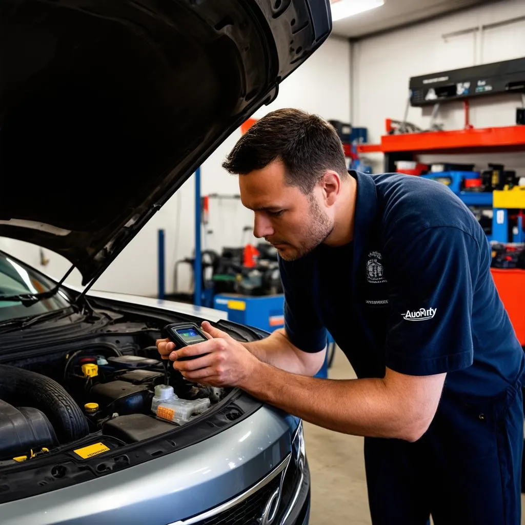 Mechanic Using Scan Tool on Car