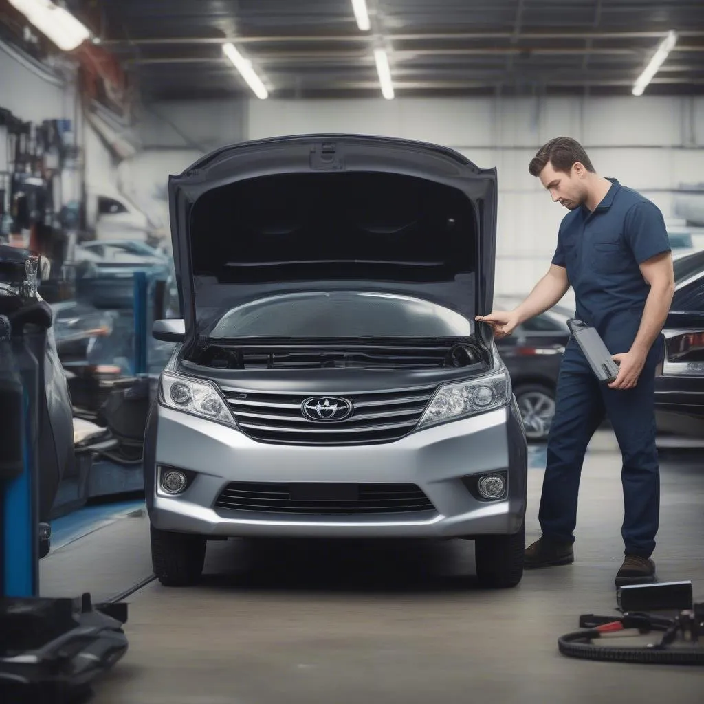 Mechanic Using Scan Tool on Car in Garage