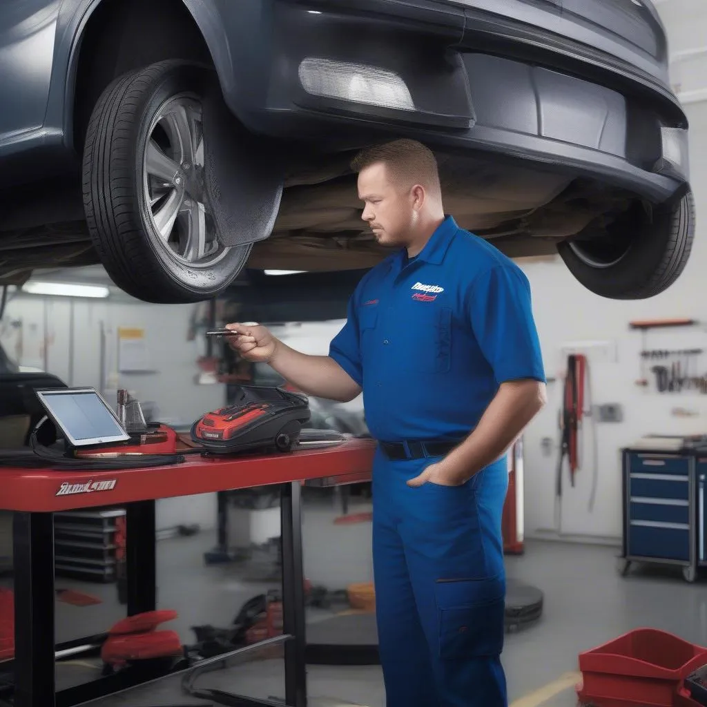 Mechanic Using Scan Tool on a Car in a Garage