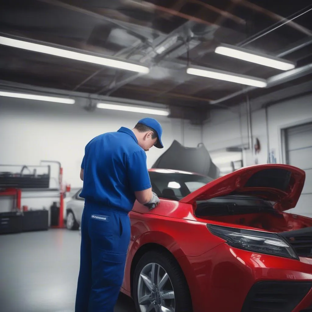 Mechanic using a scan tool to diagnose a car in a workshop.