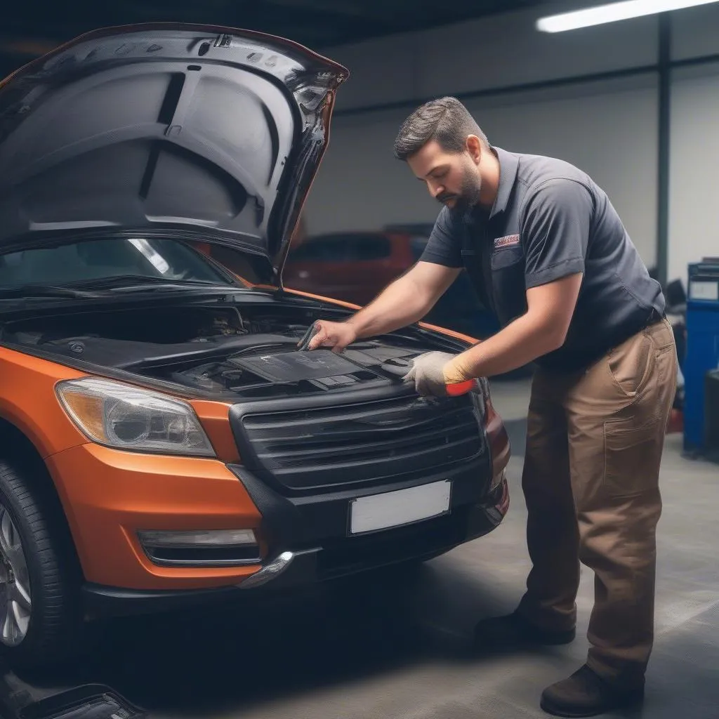 Mechanic using a scan tool to diagnose a car's electronic parking brake system