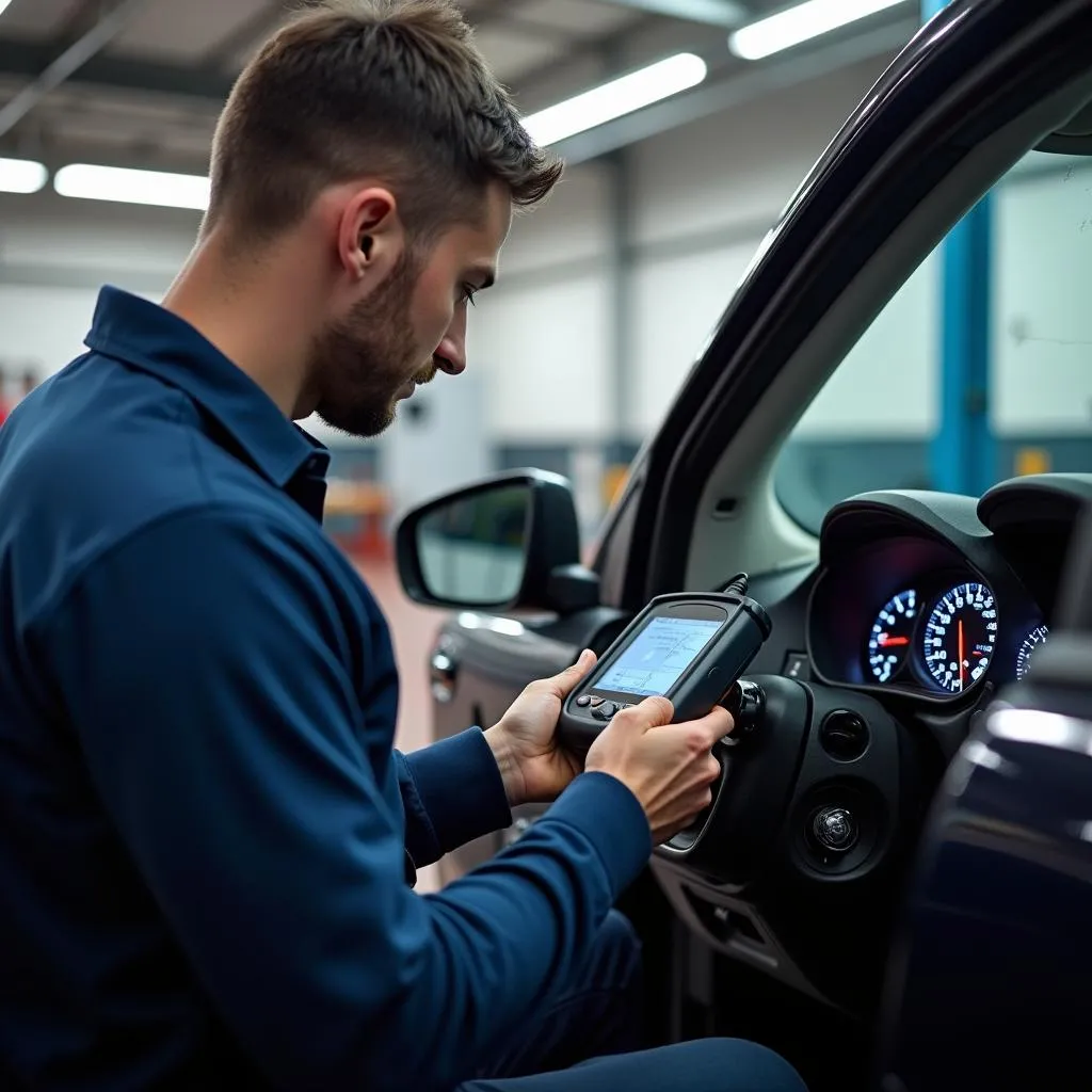 Mechanic using a scan tool on a car