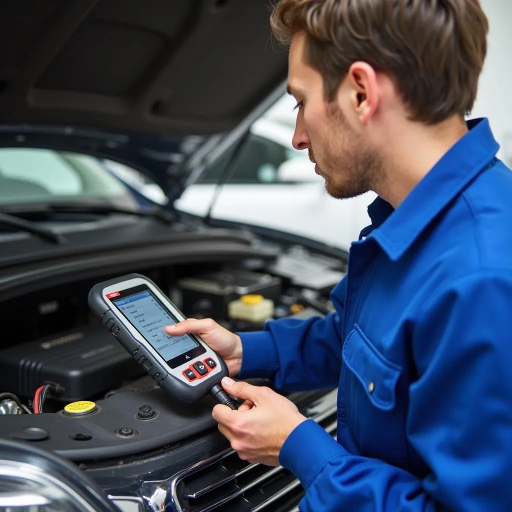 Mechanic Using Scan Tool on Car