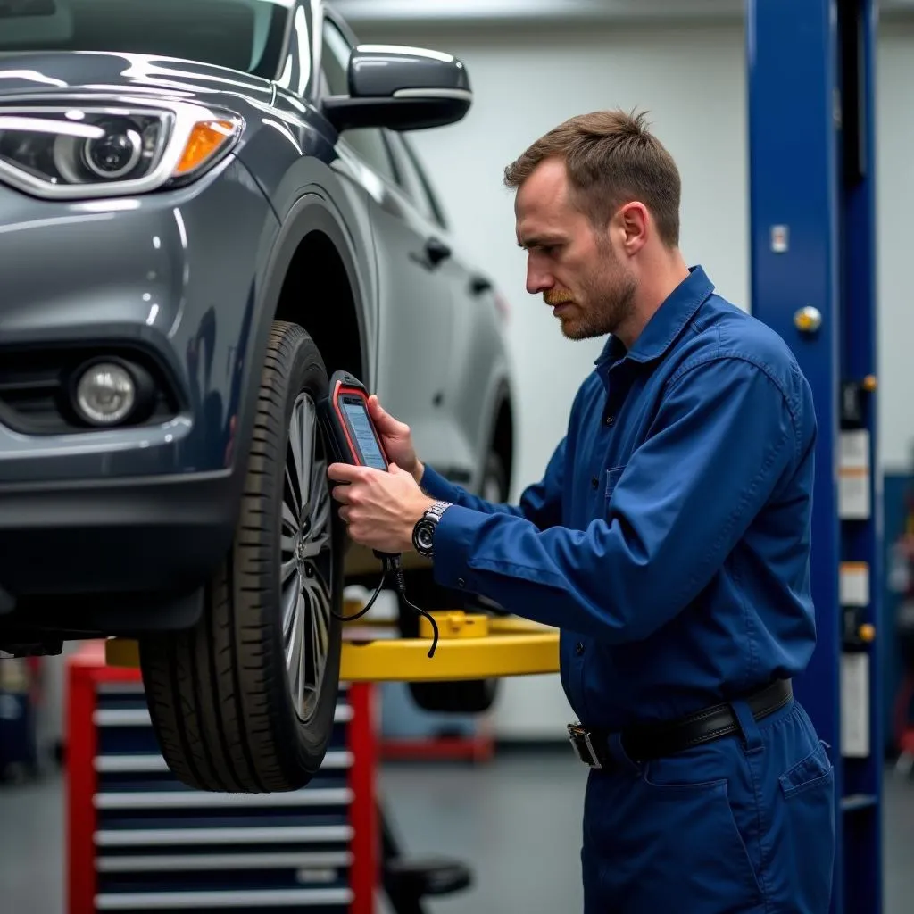 Mechanic using a scan tool on a car