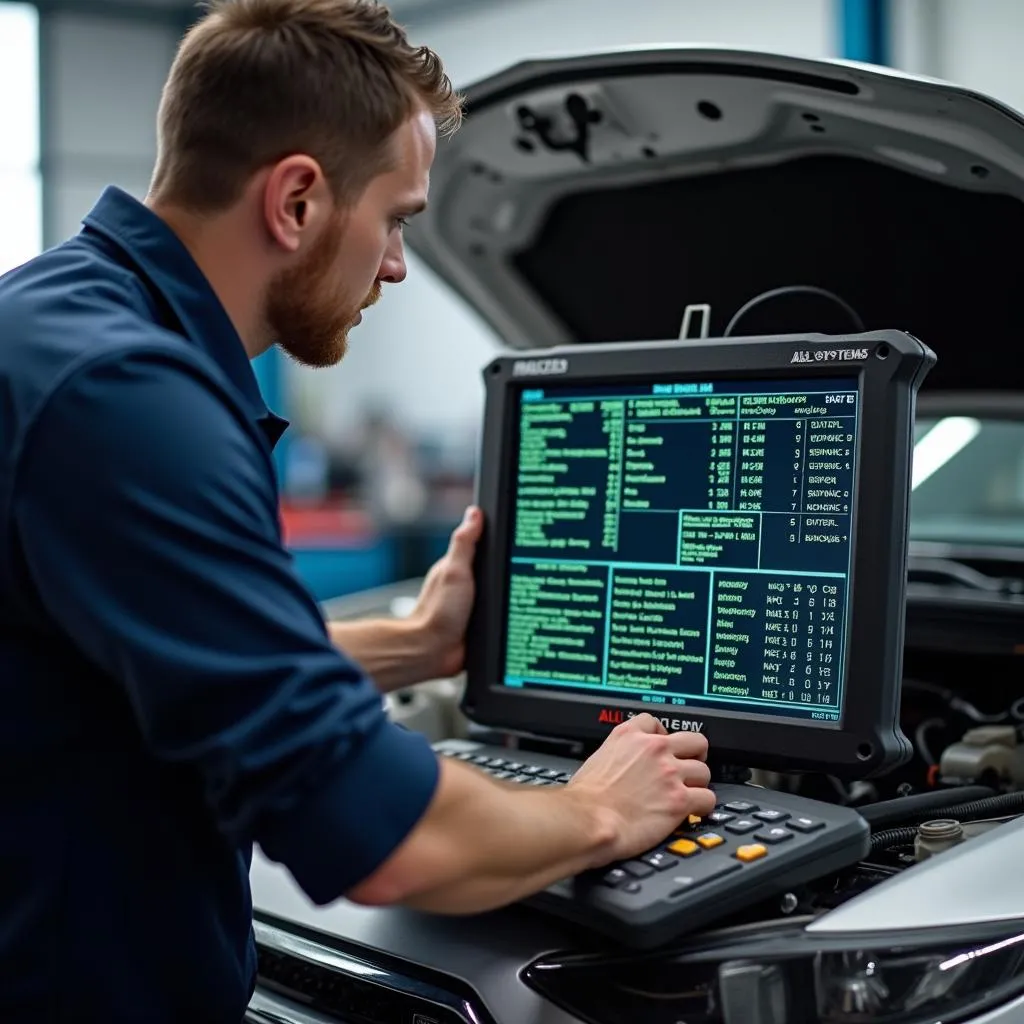 Mechanic analyzing data from a scan tool while working on a car