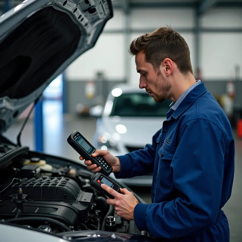 Mechanic diagnosing car with a scan tool