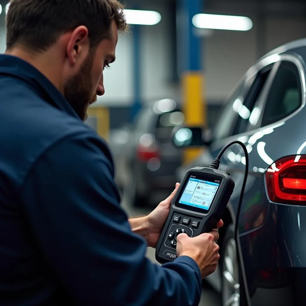 Mechanic Using a High-End Scan Tool on a Car in a Workshop